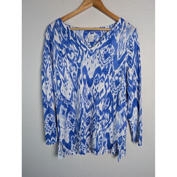 Chico's Tops - NWOT Chico's Tunic Blouse Womens L Blue Geometric V-Neck Long Sleeve Lightweight